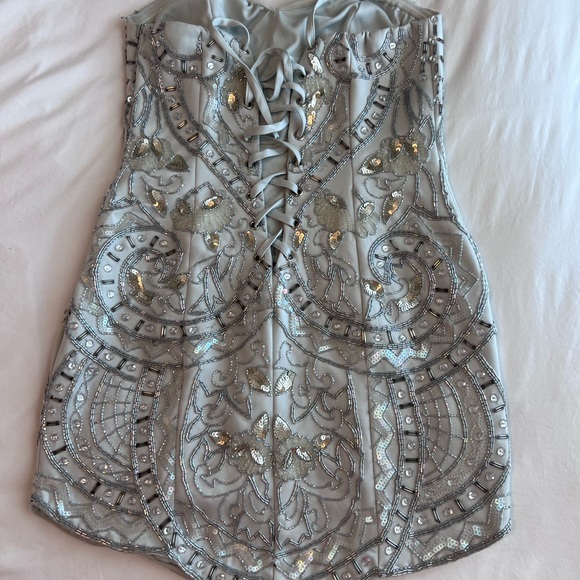 ASOS DESIGN Embellished Sequin Mini dress with lace-up back in Smokey blue - Picture 2 of 4